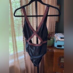 Xhilaration Black Swimsuit with Multicolor Zigzag Trim